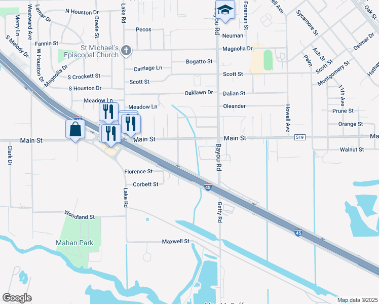 map of restaurants, bars, coffee shops, grocery stores, and more near 1931 Main Street in La Marque
