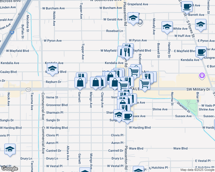 map of restaurants, bars, coffee shops, grocery stores, and more near 910 Southwest Military Drive in San Antonio