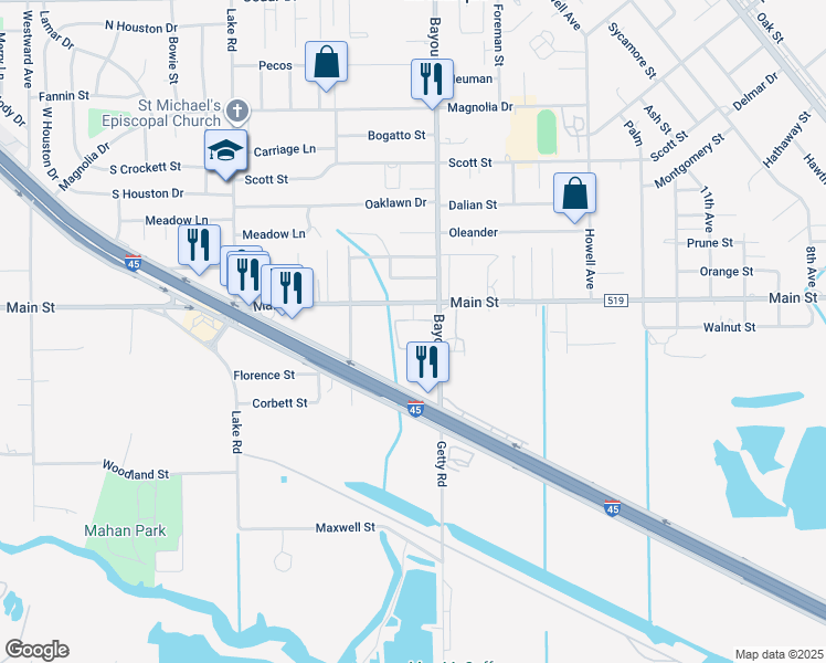 map of restaurants, bars, coffee shops, grocery stores, and more near 1903 Farm to Market 519 in La Marque
