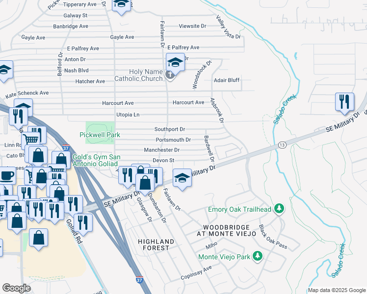 map of restaurants, bars, coffee shops, grocery stores, and more near 3838 Manchester Drive in San Antonio