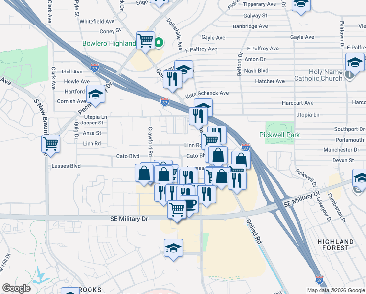 map of restaurants, bars, coffee shops, grocery stores, and more near 3317 Cato Boulevard in San Antonio