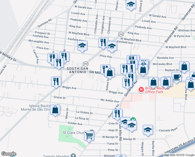 map of restaurants, bars, coffee shops, grocery stores, and more near 118 Hartsell in San Antonio