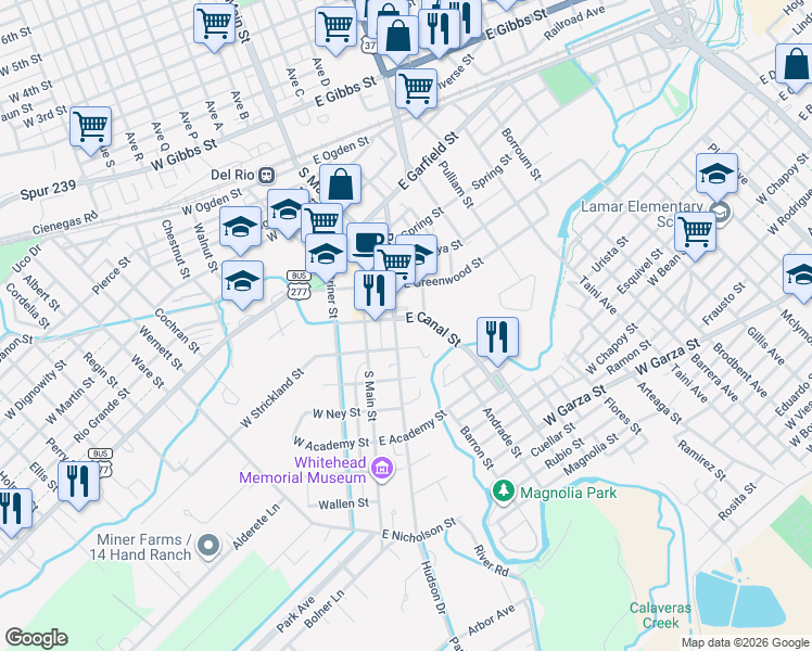 map of restaurants, bars, coffee shops, grocery stores, and more near 615 Pecan St in Del Rio