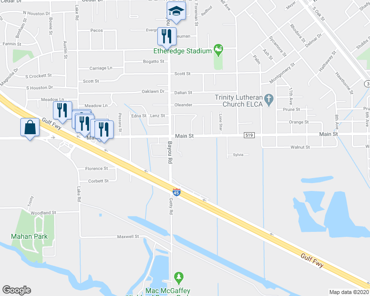 map of restaurants, bars, coffee shops, grocery stores, and more near 1731 Main Street in La Marque
