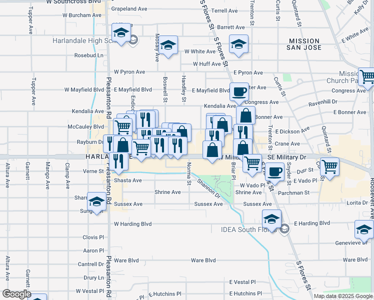 map of restaurants, bars, coffee shops, grocery stores, and more near 402 Southwest Military Drive in San Antonio