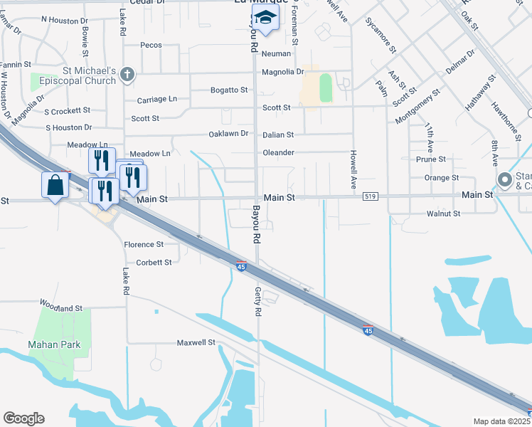 map of restaurants, bars, coffee shops, grocery stores, and more near 1731 Main Street in La Marque