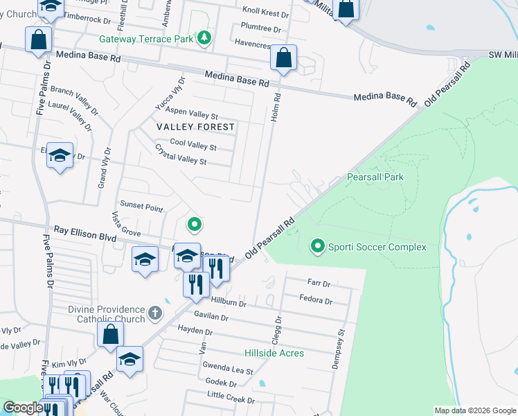 map of restaurants, bars, coffee shops, grocery stores, and more near 7363 Holm Road in San Antonio