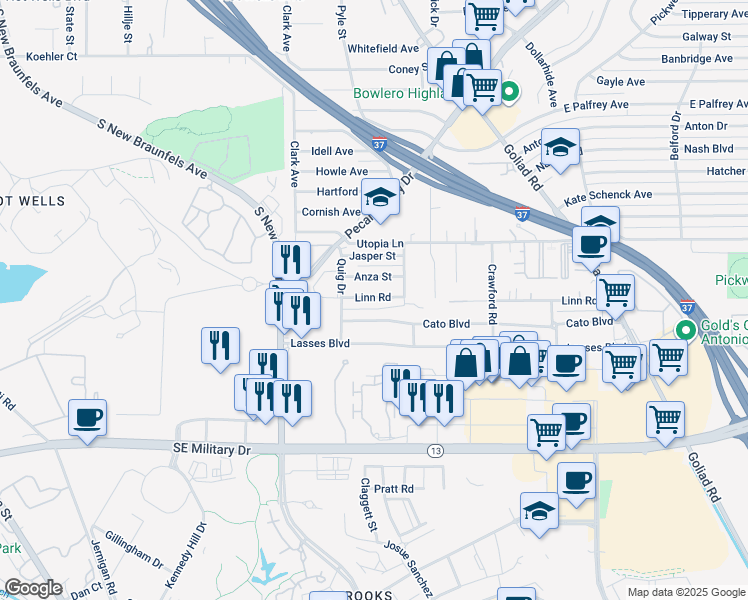 map of restaurants, bars, coffee shops, grocery stores, and more near 2918 Anza Street in San Antonio