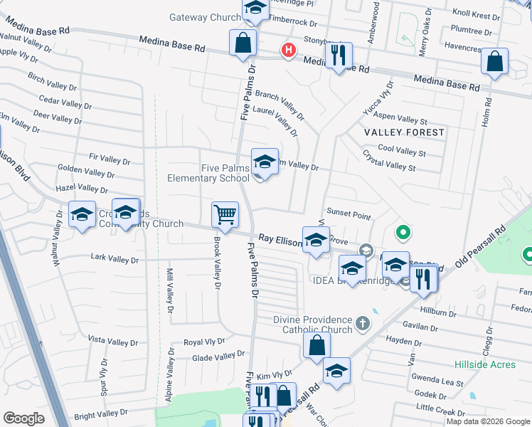 map of restaurants, bars, coffee shops, grocery stores, and more near 5847 Sandy Valley Drive in San Antonio