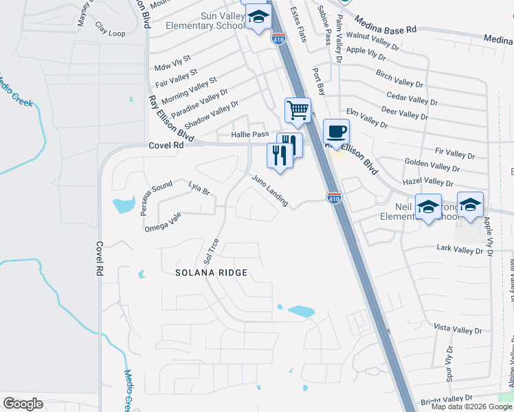 map of restaurants, bars, coffee shops, grocery stores, and more near 7314 Nebula Valley in San Antonio