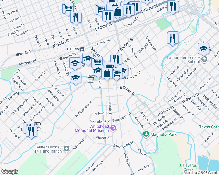 map of restaurants, bars, coffee shops, grocery stores, and more near 756 South Main Street in Del Rio