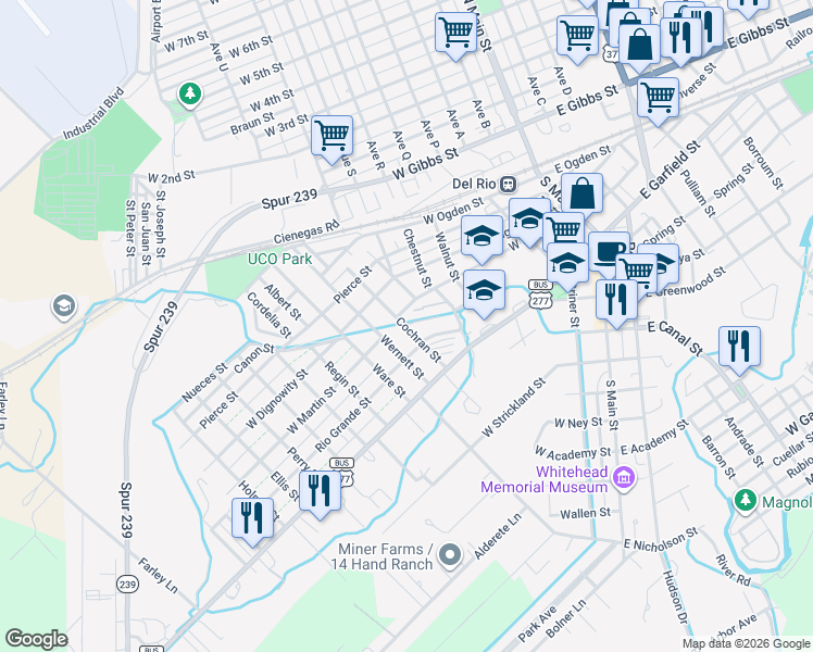 map of restaurants, bars, coffee shops, grocery stores, and more near 618 West Martin Street in Del Rio