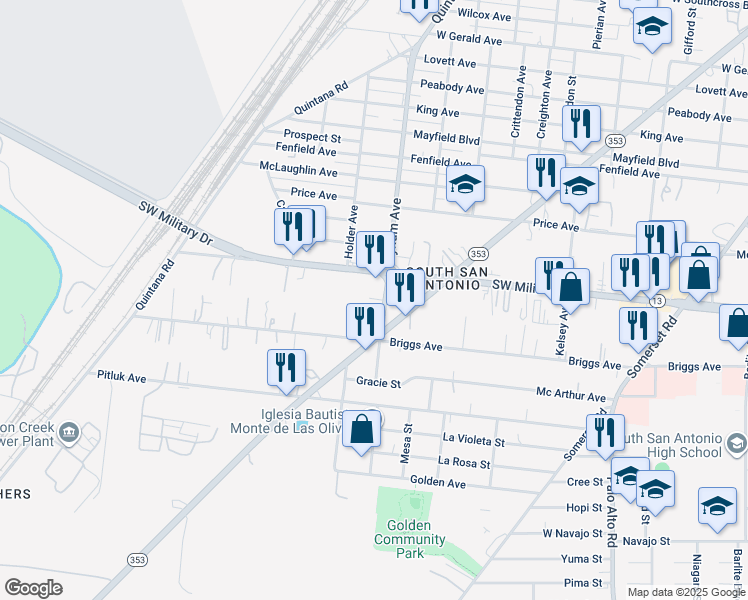 map of restaurants, bars, coffee shops, grocery stores, and more near 3702 Southwest Military Drive in San Antonio