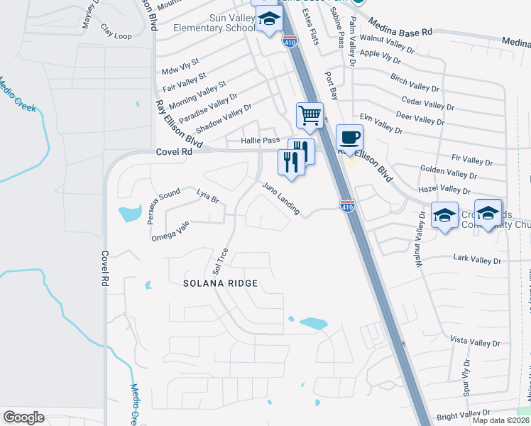 map of restaurants, bars, coffee shops, grocery stores, and more near 7314 Nebula Valley in San Antonio
