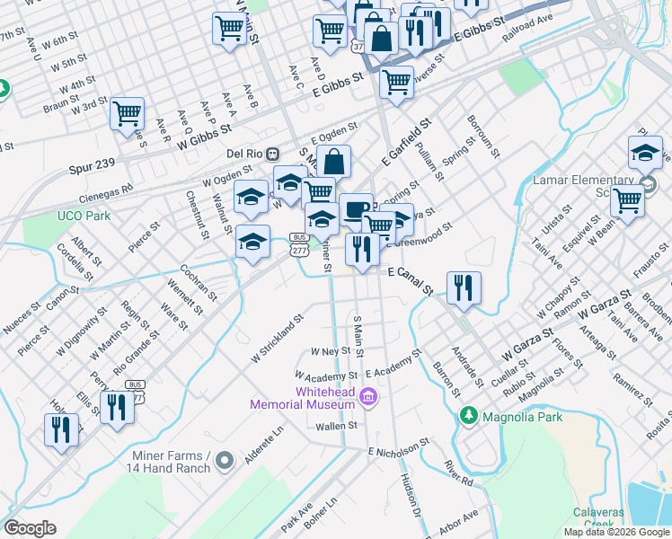 map of restaurants, bars, coffee shops, grocery stores, and more near 733 S Main St in Del Rio