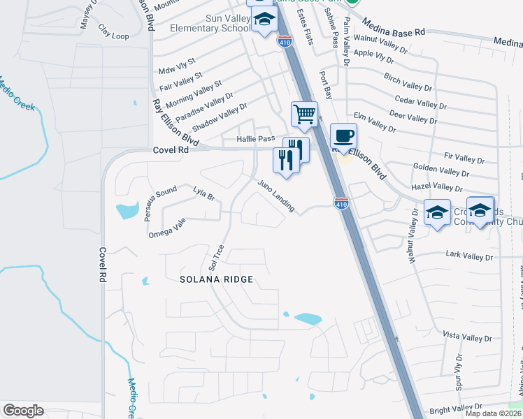 map of restaurants, bars, coffee shops, grocery stores, and more near 7314 Nebula Valley in San Antonio
