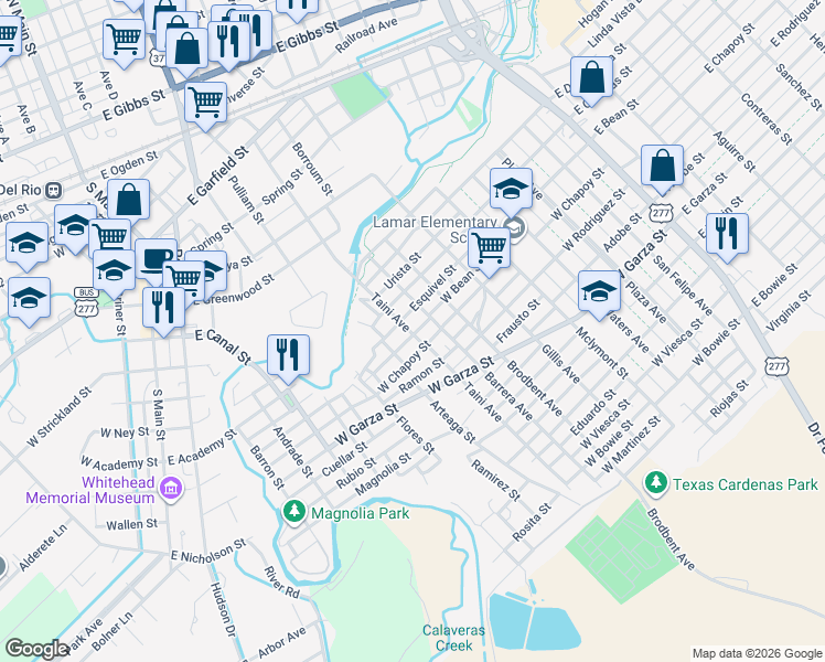 map of restaurants, bars, coffee shops, grocery stores, and more near 300 West Bean Street in Del Rio