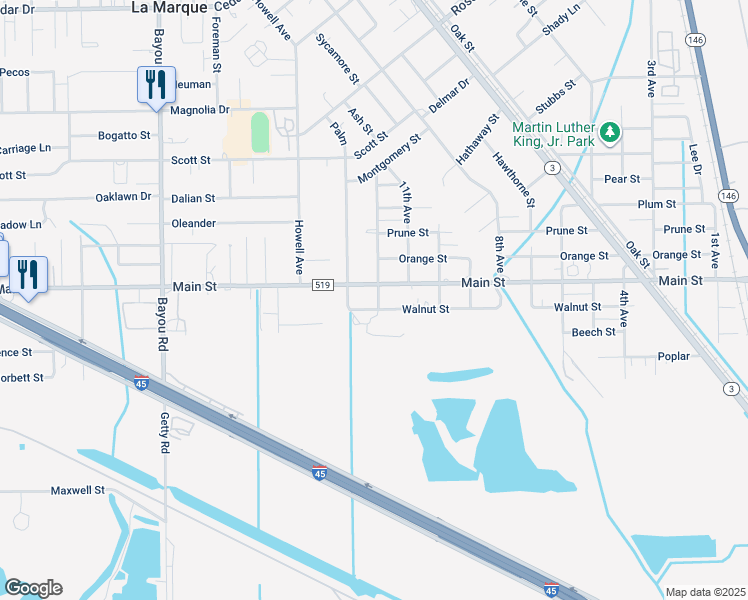 map of restaurants, bars, coffee shops, grocery stores, and more near 1117 Main Street in La Marque