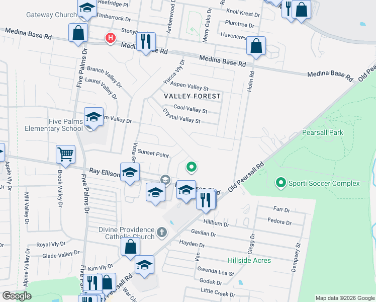 map of restaurants, bars, coffee shops, grocery stores, and more near 5715 Sunset Point in San Antonio