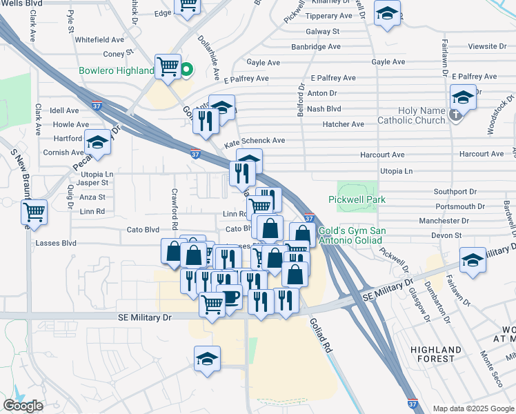 map of restaurants, bars, coffee shops, grocery stores, and more near 2542 Goliad Road in San Antonio