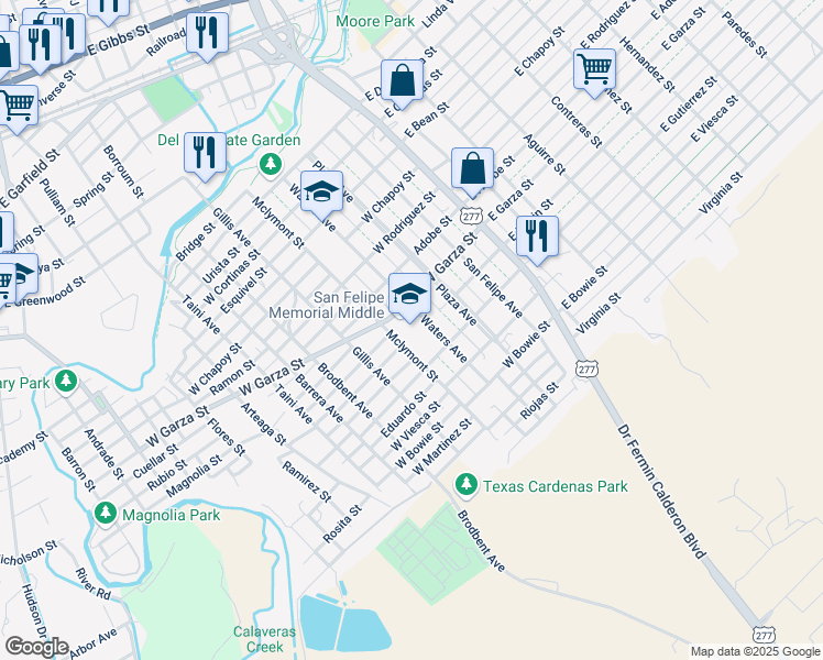 map of restaurants, bars, coffee shops, grocery stores, and more near 1207 West Garza Street in Del Rio