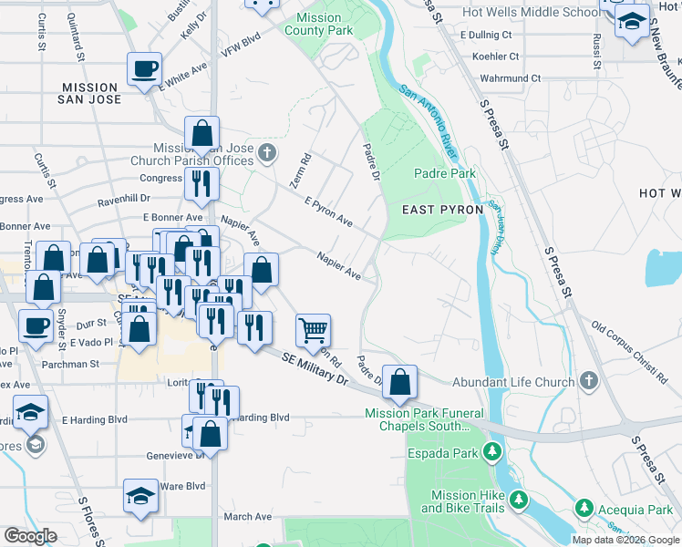 map of restaurants, bars, coffee shops, grocery stores, and more near 1443 Napier Avenue in San Antonio