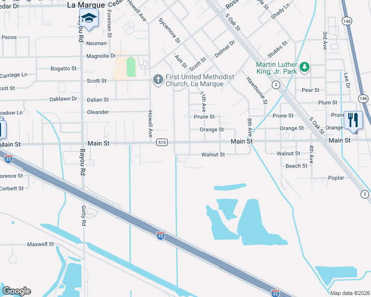 map of restaurants, bars, coffee shops, grocery stores, and more near 1117 Main Street in La Marque