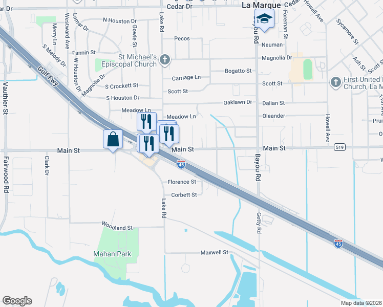map of restaurants, bars, coffee shops, grocery stores, and more near 2309 Main Street in La Marque