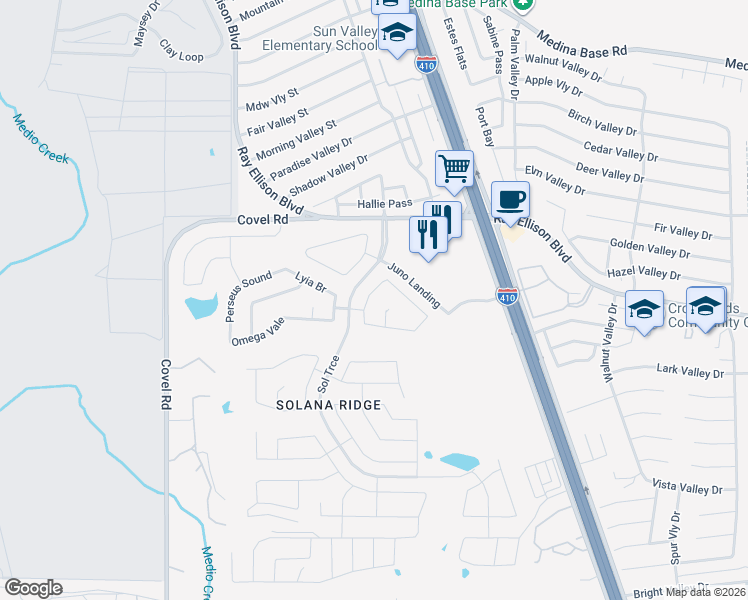 map of restaurants, bars, coffee shops, grocery stores, and more near 7326 Nebula Valley in San Antonio