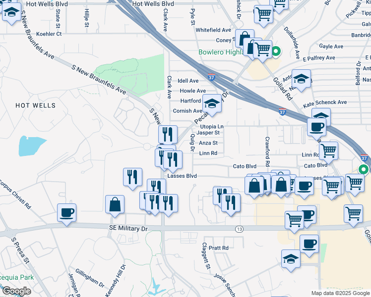 map of restaurants, bars, coffee shops, grocery stores, and more near 6840 Pecan Valley Drive in San Antonio