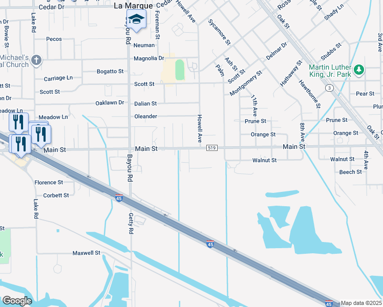 map of restaurants, bars, coffee shops, grocery stores, and more near 1509 Main Street in La Marque