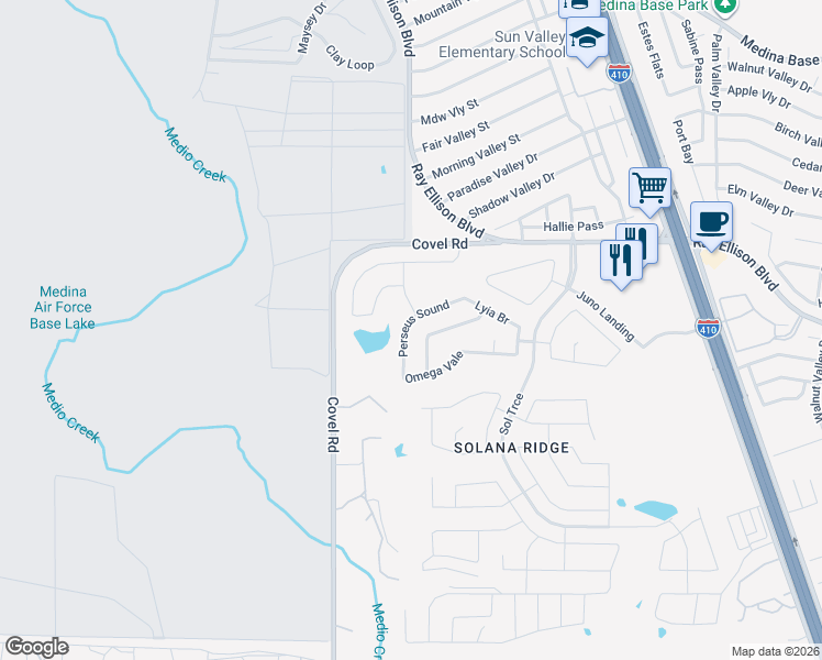 map of restaurants, bars, coffee shops, grocery stores, and more near 7510 Perseus Sound in San Antonio