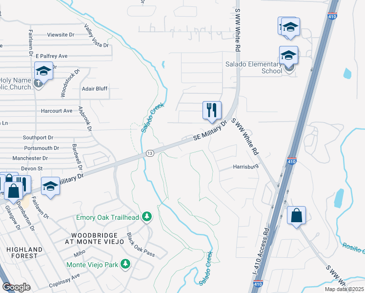map of restaurants, bars, coffee shops, grocery stores, and more near 4226 Southeast Military Drive in San Antonio
