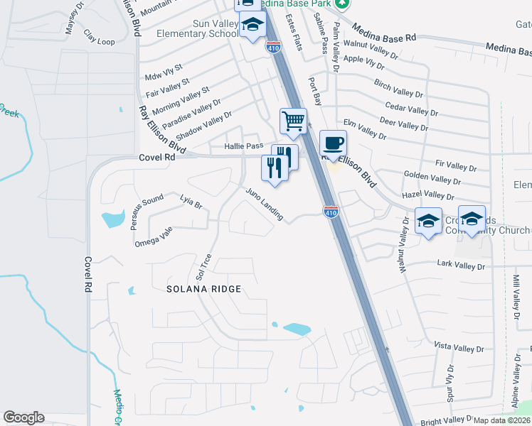 map of restaurants, bars, coffee shops, grocery stores, and more near 7131 Horizon Star in San Antonio