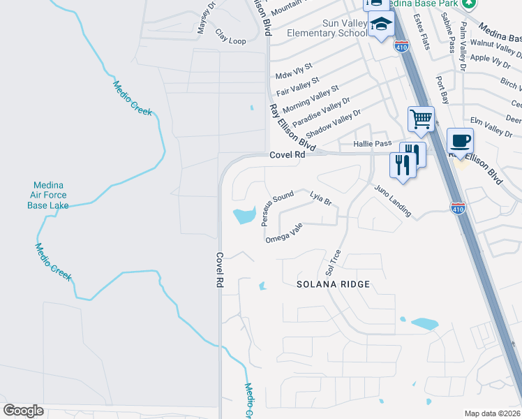 map of restaurants, bars, coffee shops, grocery stores, and more near 7723 Nova Star in San Antonio