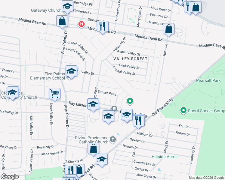 map of restaurants, bars, coffee shops, grocery stores, and more near 5715 Sunset Point in San Antonio