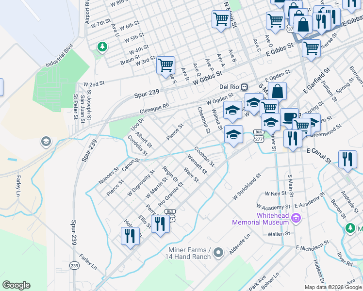 map of restaurants, bars, coffee shops, grocery stores, and more near 301 Cochran Street in Del Rio