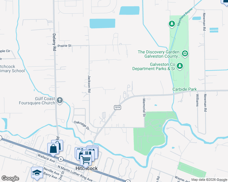 map of restaurants, bars, coffee shops, grocery stores, and more near 6228 Main Street in Hitchcock