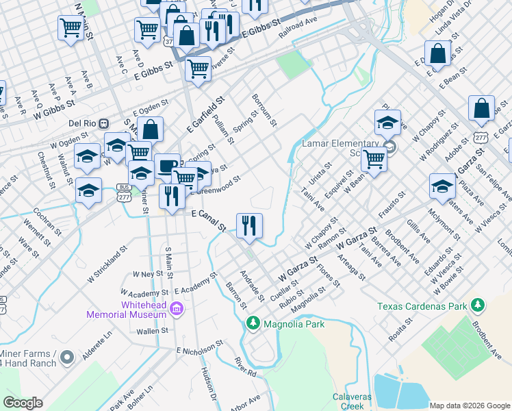 map of restaurants, bars, coffee shops, grocery stores, and more near 18 Meadow Lane in Del Rio