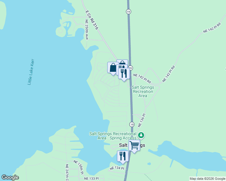 map of restaurants, bars, coffee shops, grocery stores, and more near 14105 Northeast 253rd Avenue Road in Salt Springs