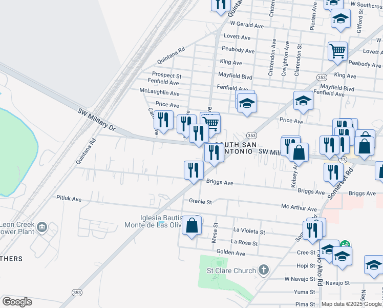 map of restaurants, bars, coffee shops, grocery stores, and more near 3802 Southwest Military Drive in San Antonio