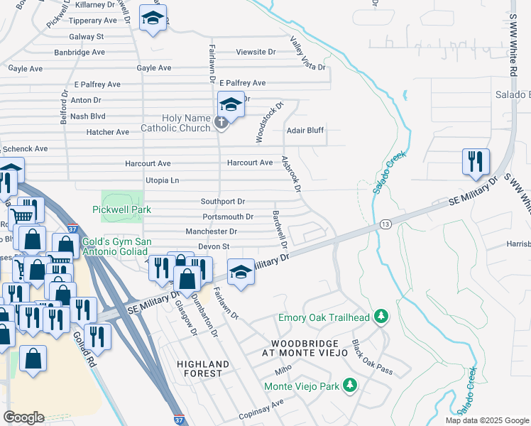 map of restaurants, bars, coffee shops, grocery stores, and more near 3911 Portsmouth Drive in San Antonio