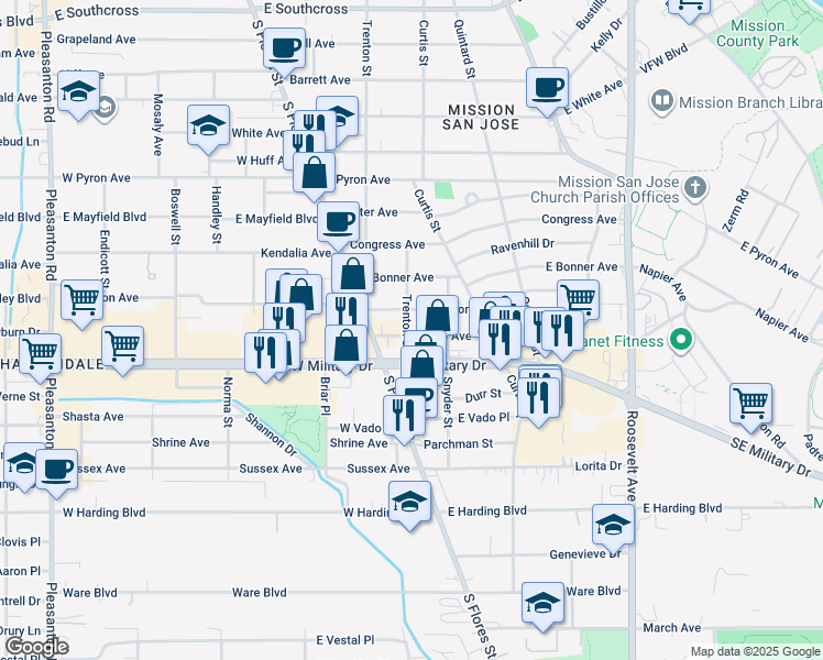 map of restaurants, bars, coffee shops, grocery stores, and more near 201 Crane Avenue in San Antonio