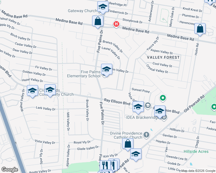 map of restaurants, bars, coffee shops, grocery stores, and more near 5847 Sandy Valley Drive in San Antonio