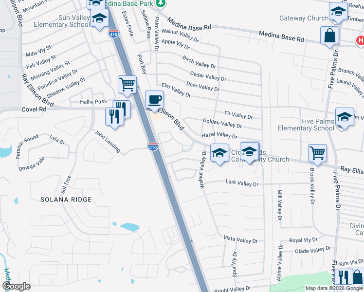 map of restaurants, bars, coffee shops, grocery stores, and more near 6010 Ray Ellison Boulevard in San Antonio