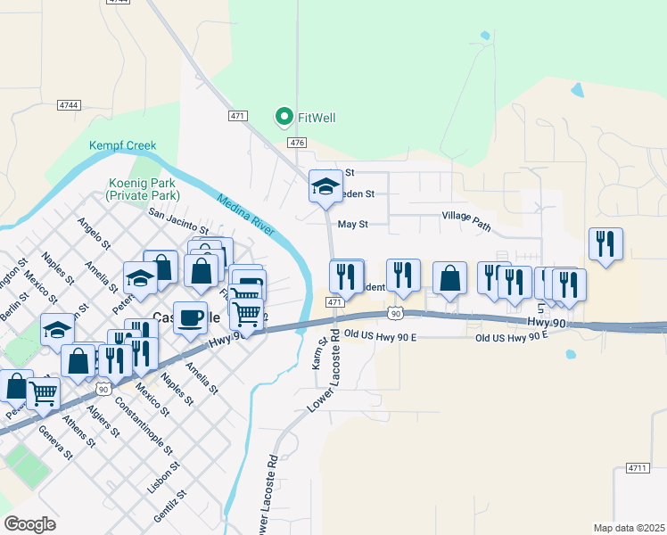 map of restaurants, bars, coffee shops, grocery stores, and more near 194 FM 1343 in Castroville