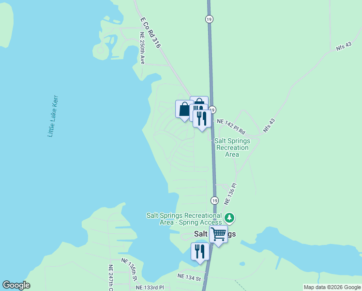 map of restaurants, bars, coffee shops, grocery stores, and more near 14108 Northeast 253rd Avenue Road in Fort McCoy