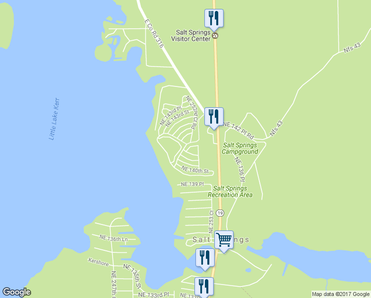 map of restaurants, bars, coffee shops, grocery stores, and more near 14104 Northeast 253rd Avenue Road in Salt Springs