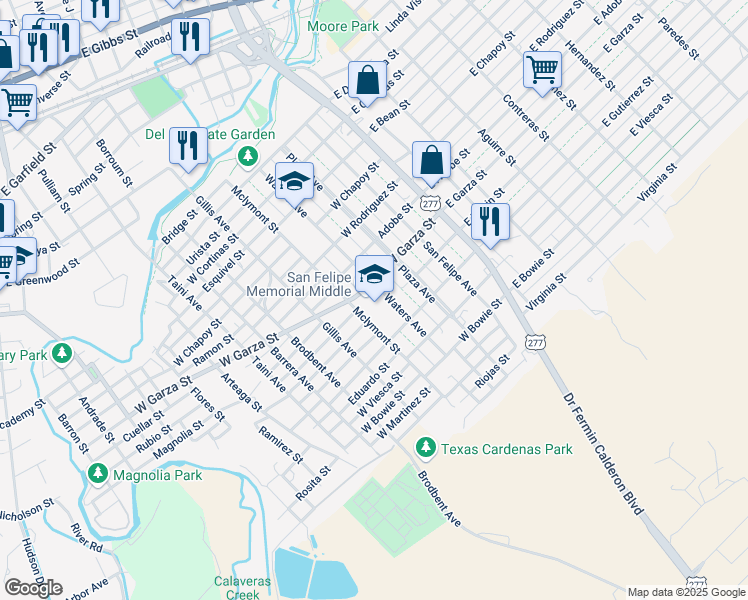 map of restaurants, bars, coffee shops, grocery stores, and more near 1207 West Garza Street in Del Rio