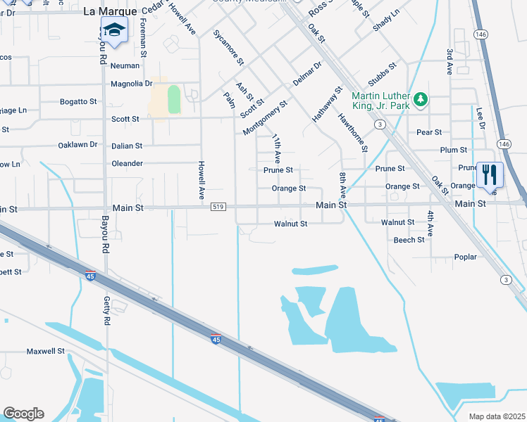 map of restaurants, bars, coffee shops, grocery stores, and more near 1117 Main Street in La Marque